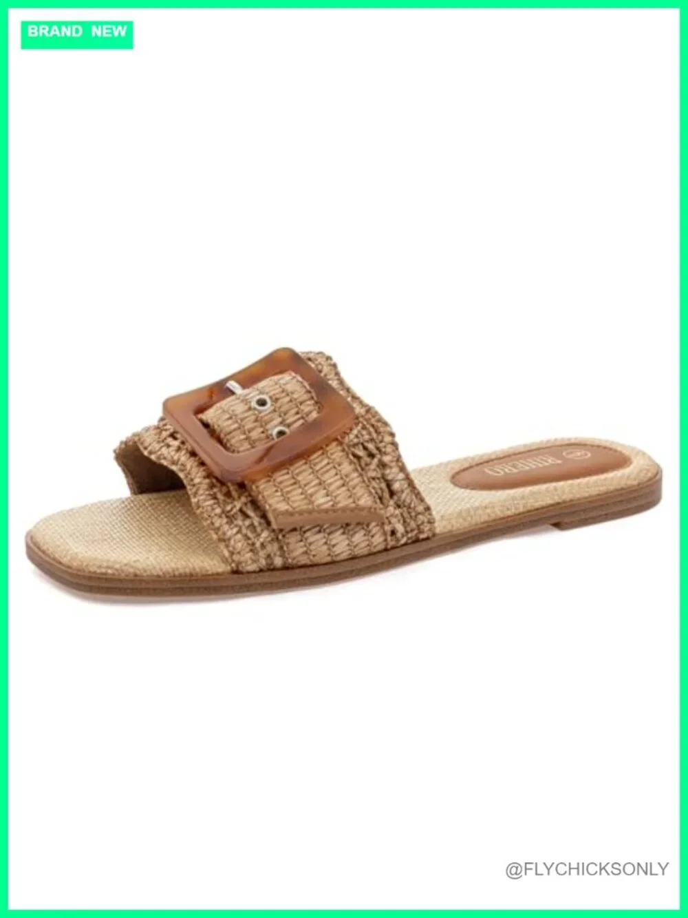 Woven Raffia Slide Sandals with Square Toe and Buckle